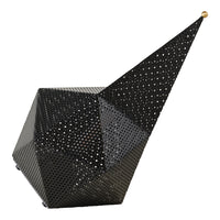 Geometric black metal sculpture with a pointed top and perforated pattern for modern decor.