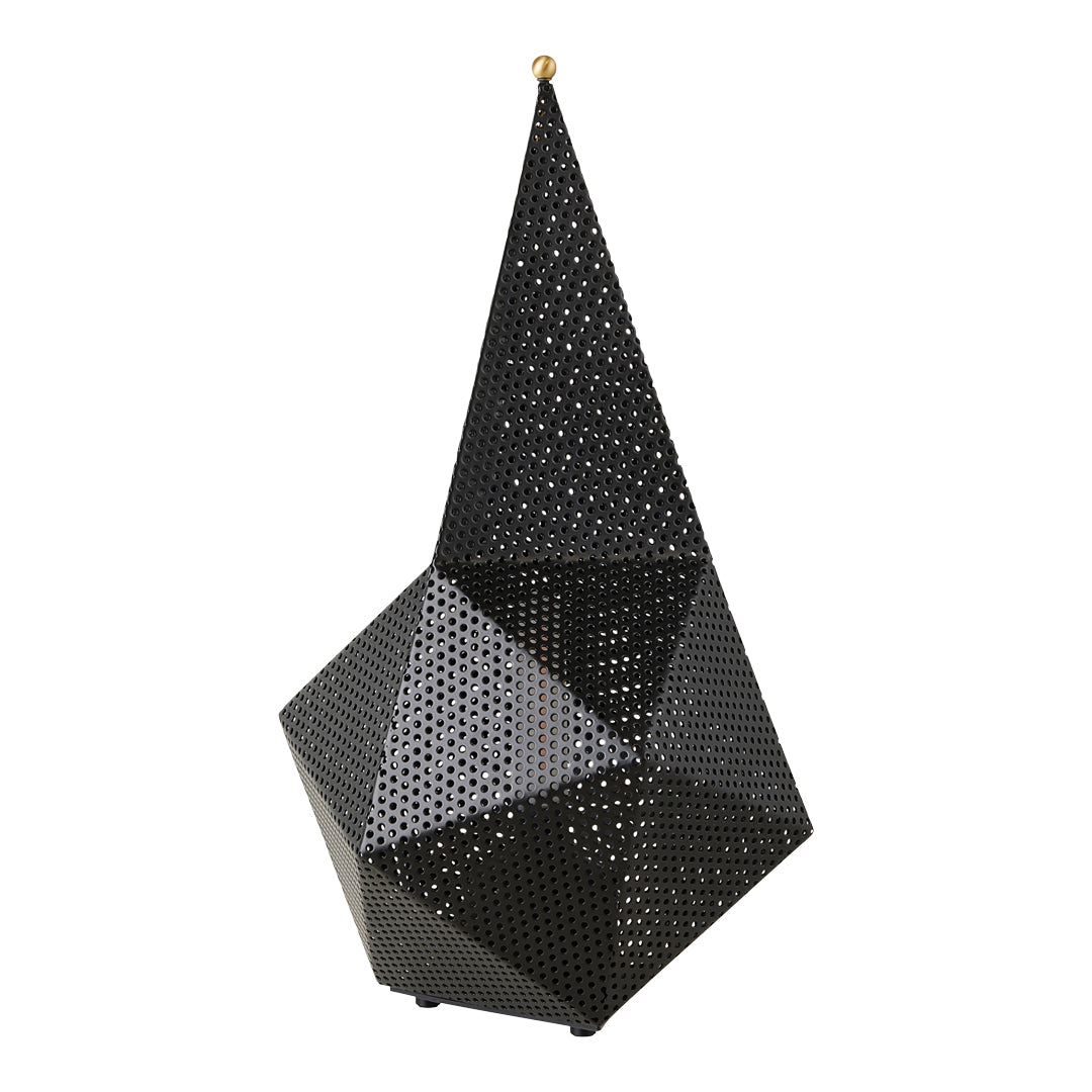 Black geometric decor piece with a textured, perforated surface and a golden accent on top. Modern and stylish design.