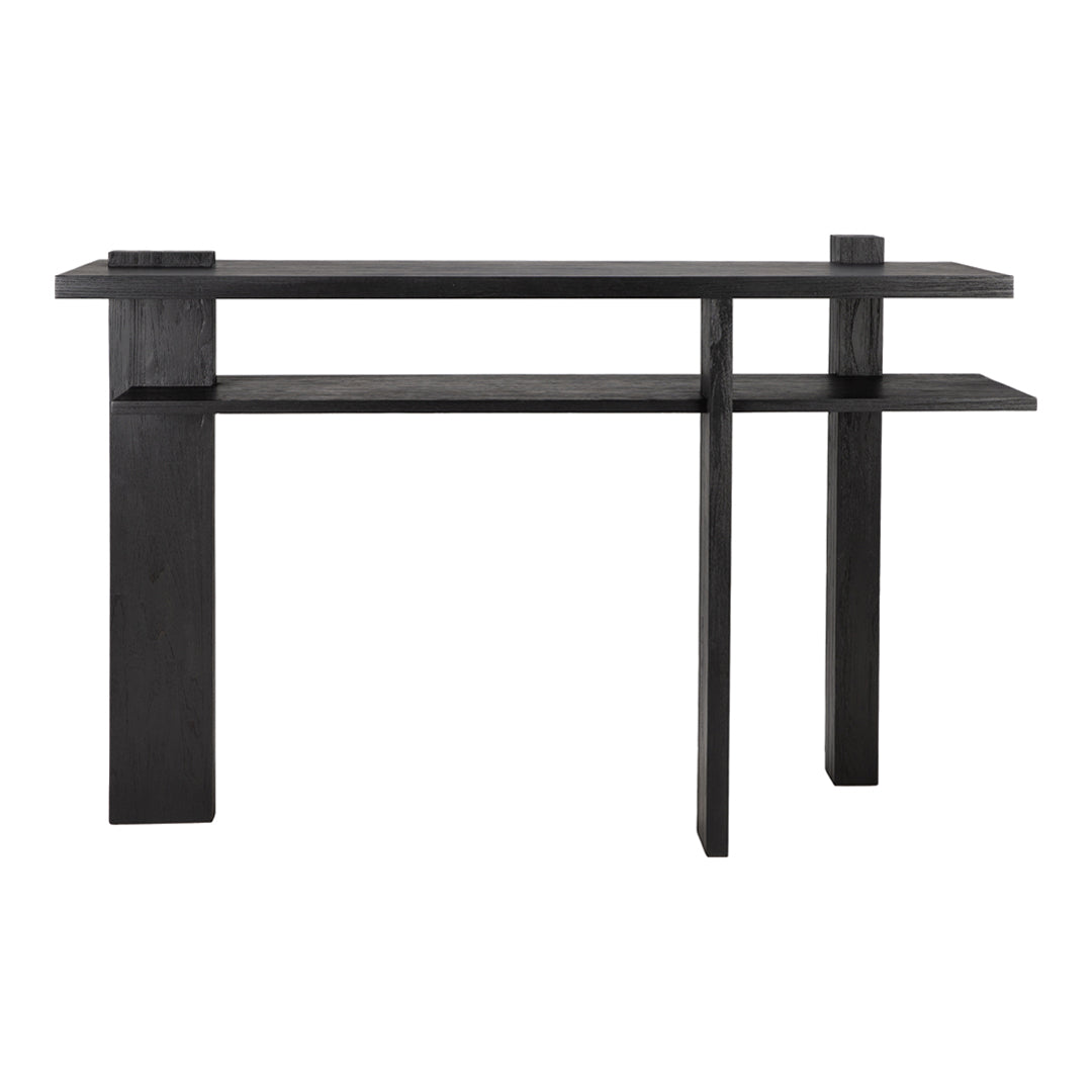 Sleek black wooden console table with minimalist design and clean lines, perfect for modern decor.