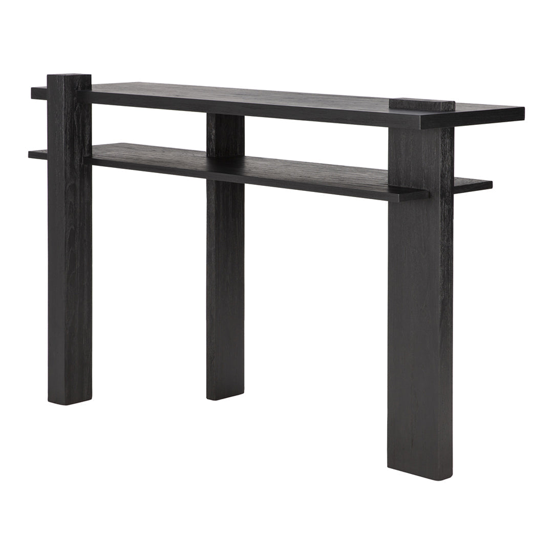 Sleek black console table with clean lines and minimalistic design, featuring two open shelves.