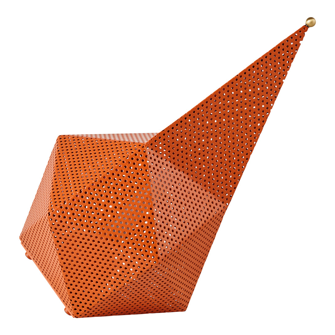 Vibrant orange geometric chair with perforated design and a sharp, triangular peak. Ideal for modern decor.