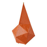 Orange geometric sculpture with intricate perforated patterns and sharp angles. Perfect for modern decor.