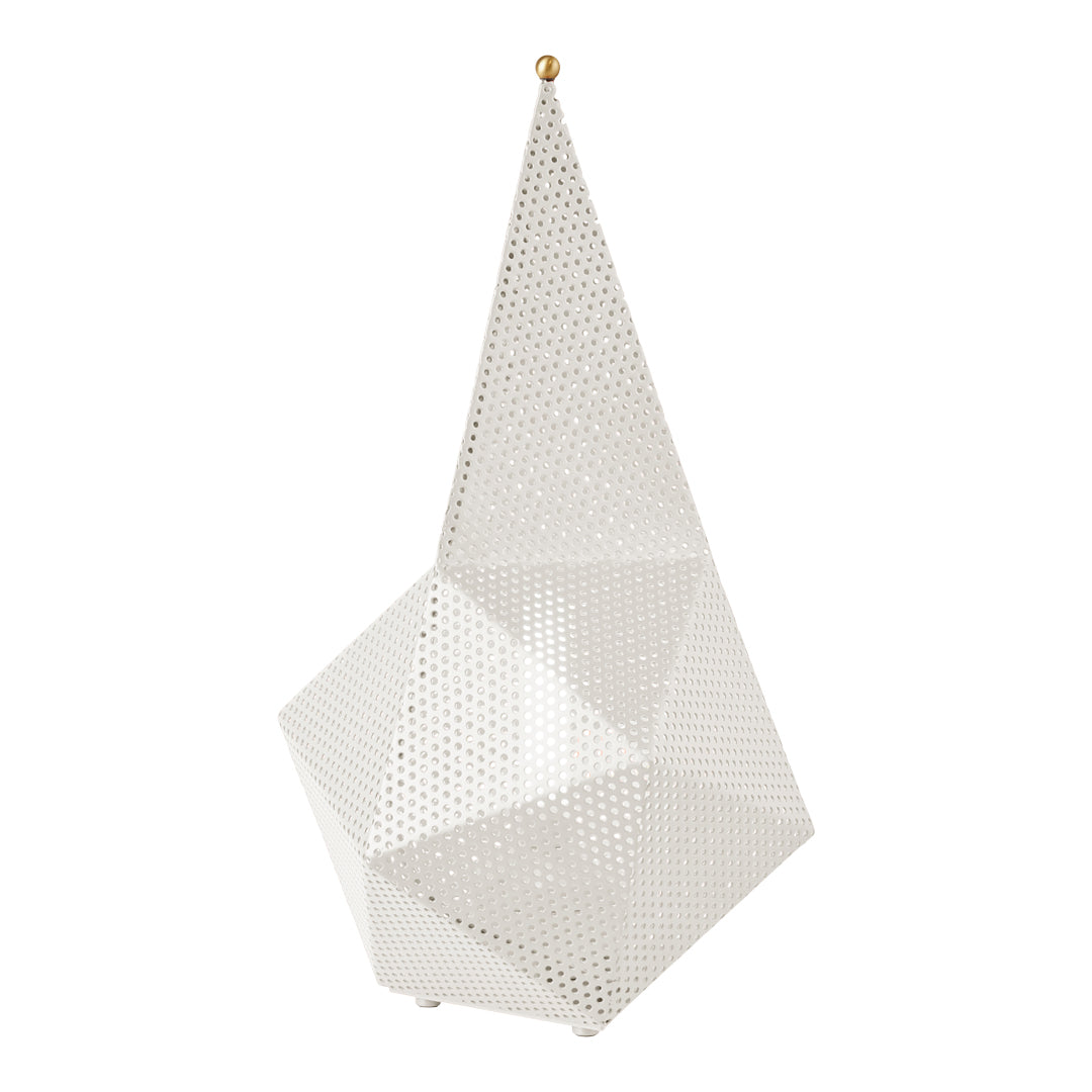 Geometric metallic sculpture in white with perforated pattern and gold accent on top. Ideal modern decor piece.
