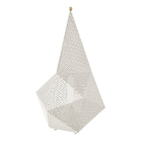 White geometric sculpture with perforated patterns and a gold accent on top, showcasing modern design and minimalism.