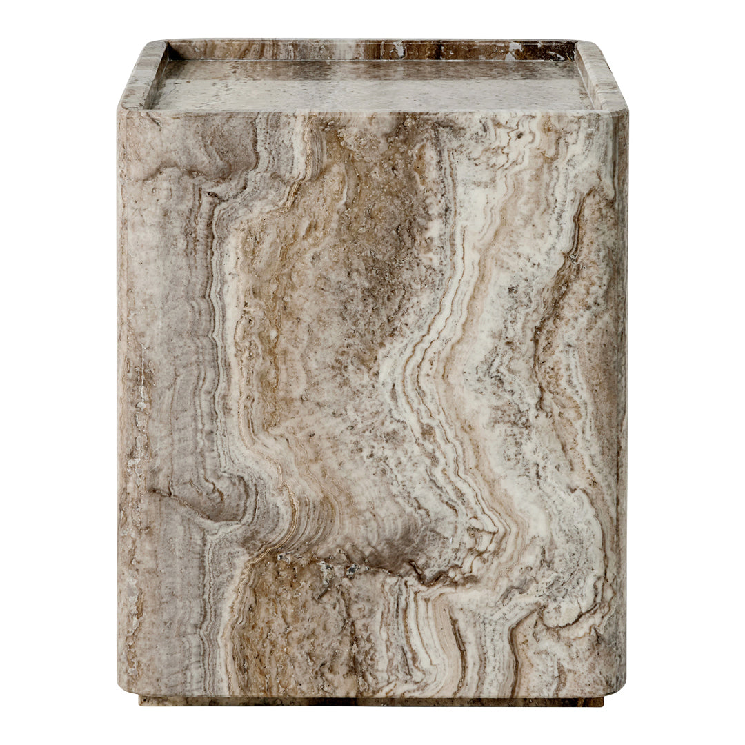 Natural stone cube with swirled beige and light brown patterns, featuring a smooth finish.