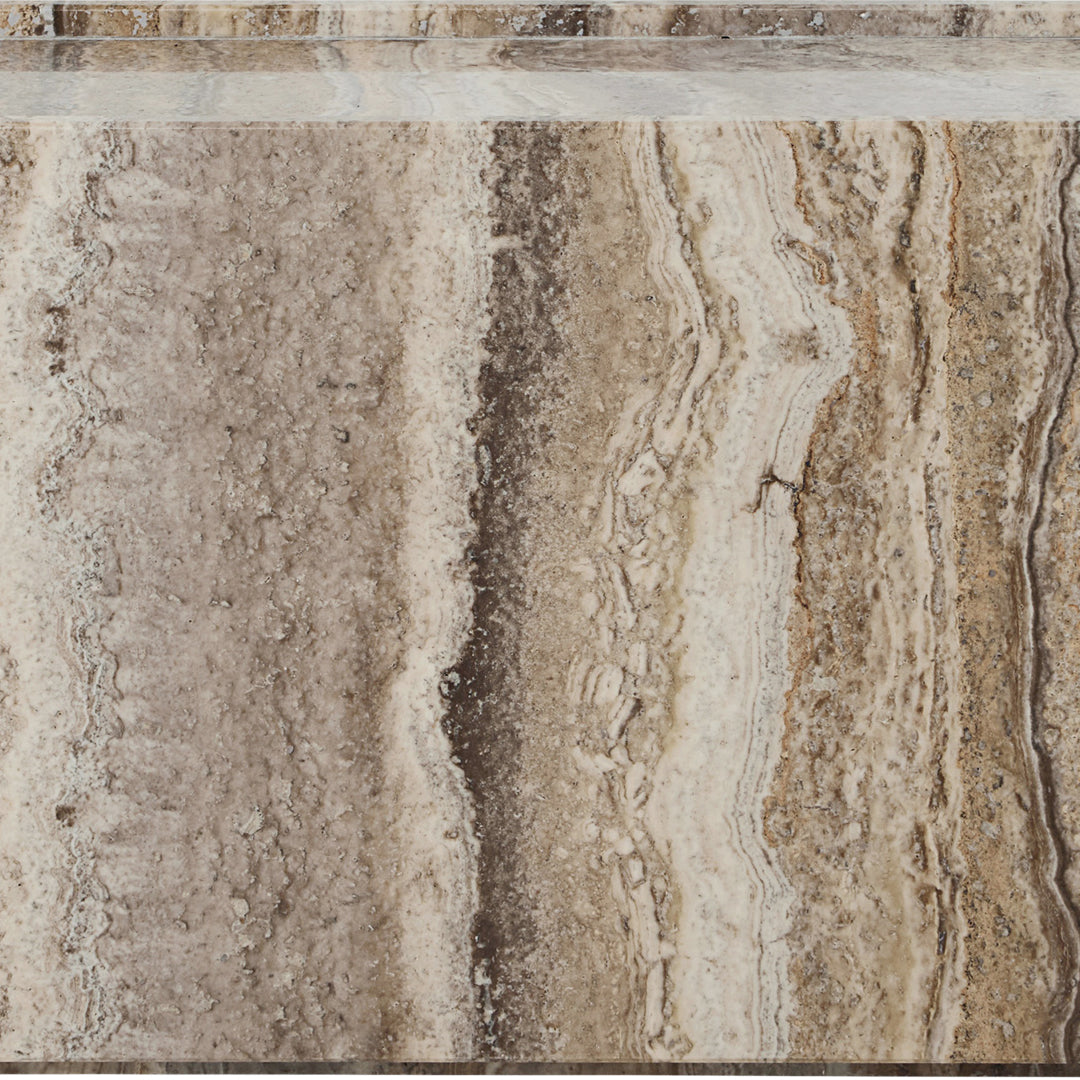 Natural stone in earthy tones of beige, brown, and cream with textured, wavy patterns. Ideal for elegant interiors.