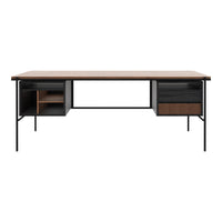 Modern black and walnut desk featuring a sleek wood surface and minimalist storage compartments. Perfect for stylish workspaces.