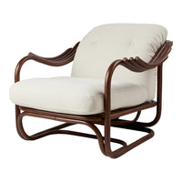Cream fabric armchair with a brown wooden frame and smooth, curved lines. Ideal for modern and minimalist decor.