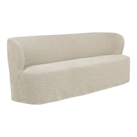 Soft beige curved sofa with a minimalist design and textured fabric, perfect for modern interiors.