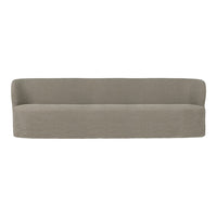 "Modern minimalist sofa in a soft taupe color with a smooth, seamless fabric surface."