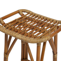 Natural woven rattan bar stool with a light brown finish and intricate crisscross pattern.