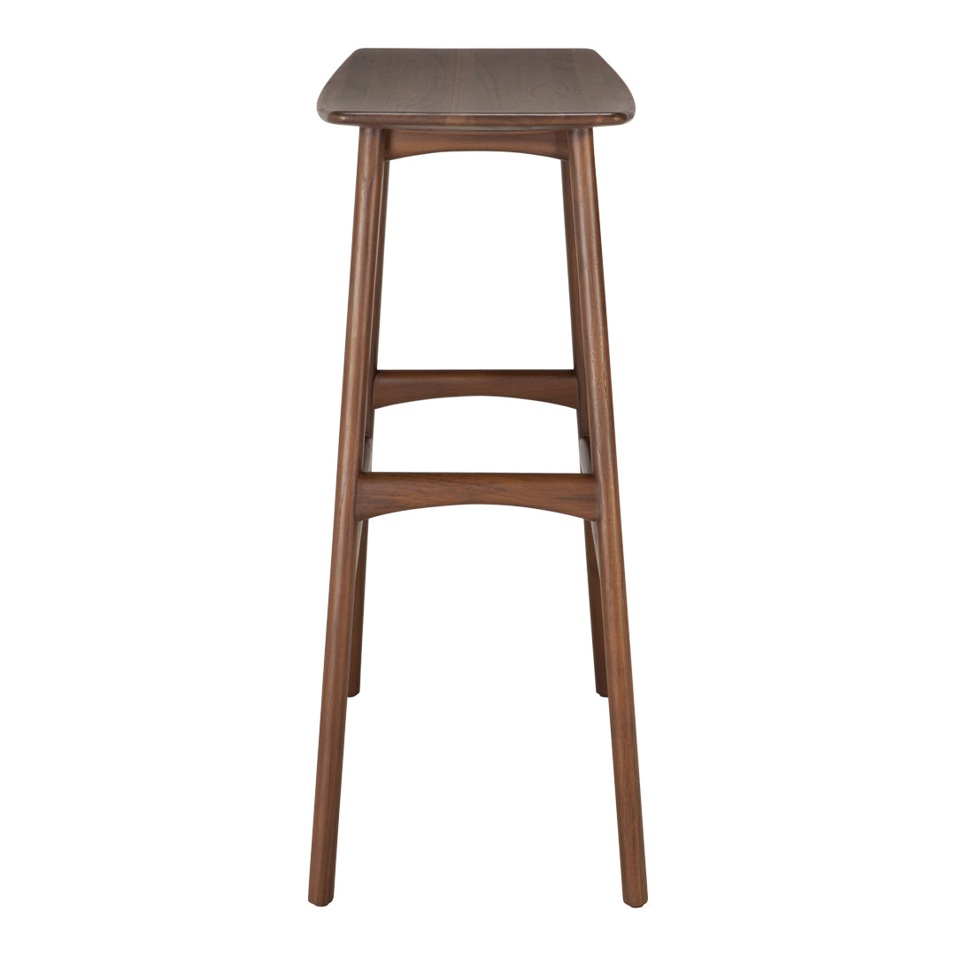 Wooden bar stool in rich brown finish with a smooth, solid top and sleek, minimal design. Ideal for modern decor.