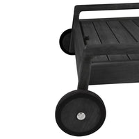 Black wooden cart with sleek lines and contrasting round wheels. Modern design featuring a slatted top.