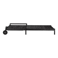 Black metal daybed with a slatted design and a minimalist aesthetic, featuring a sleek, modern silhouette.