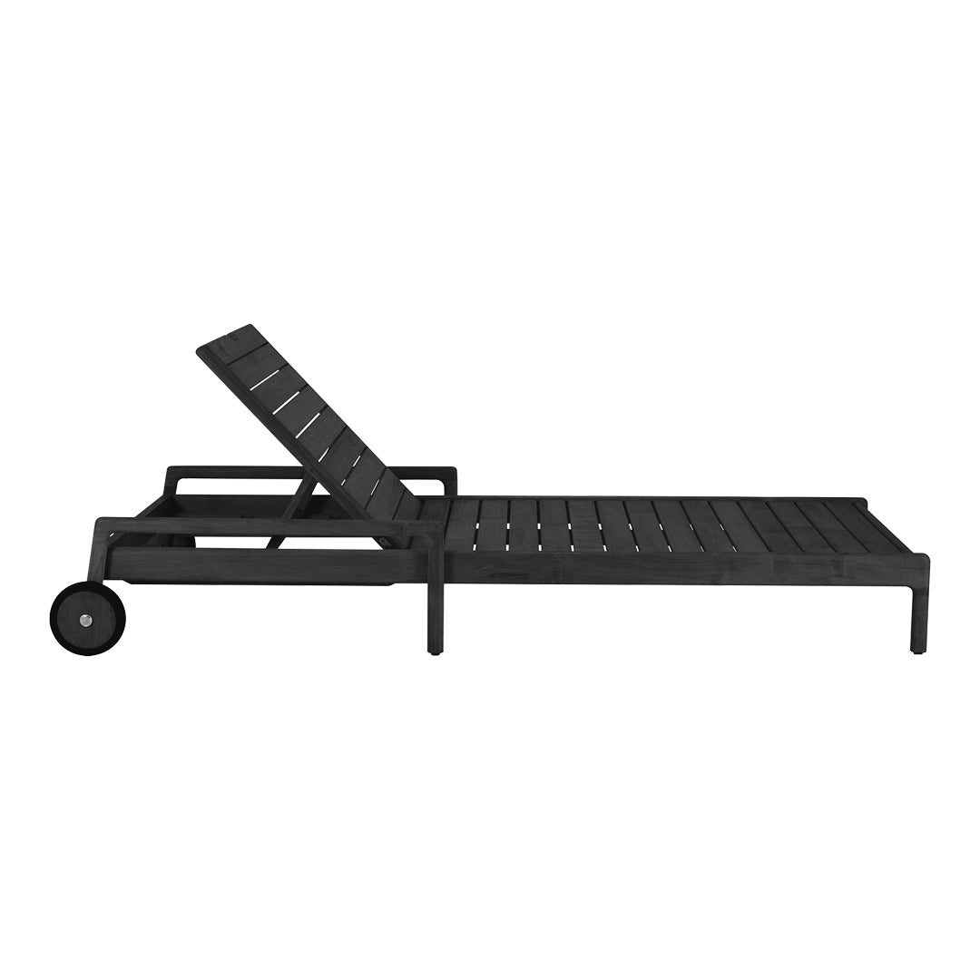 Black outdoor chaise lounge with a slatted design and a reclining backrest. Sleek, modern style for patio use.