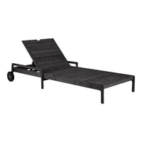 Sleek black chaise lounge with a modern slatted design, perfect for outdoor relaxation.