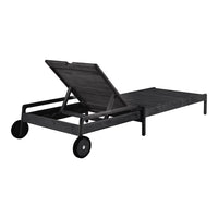 Black wooden lounging chair with a slatted design and adjustable backrest, featuring smooth wheels for easy mobility.