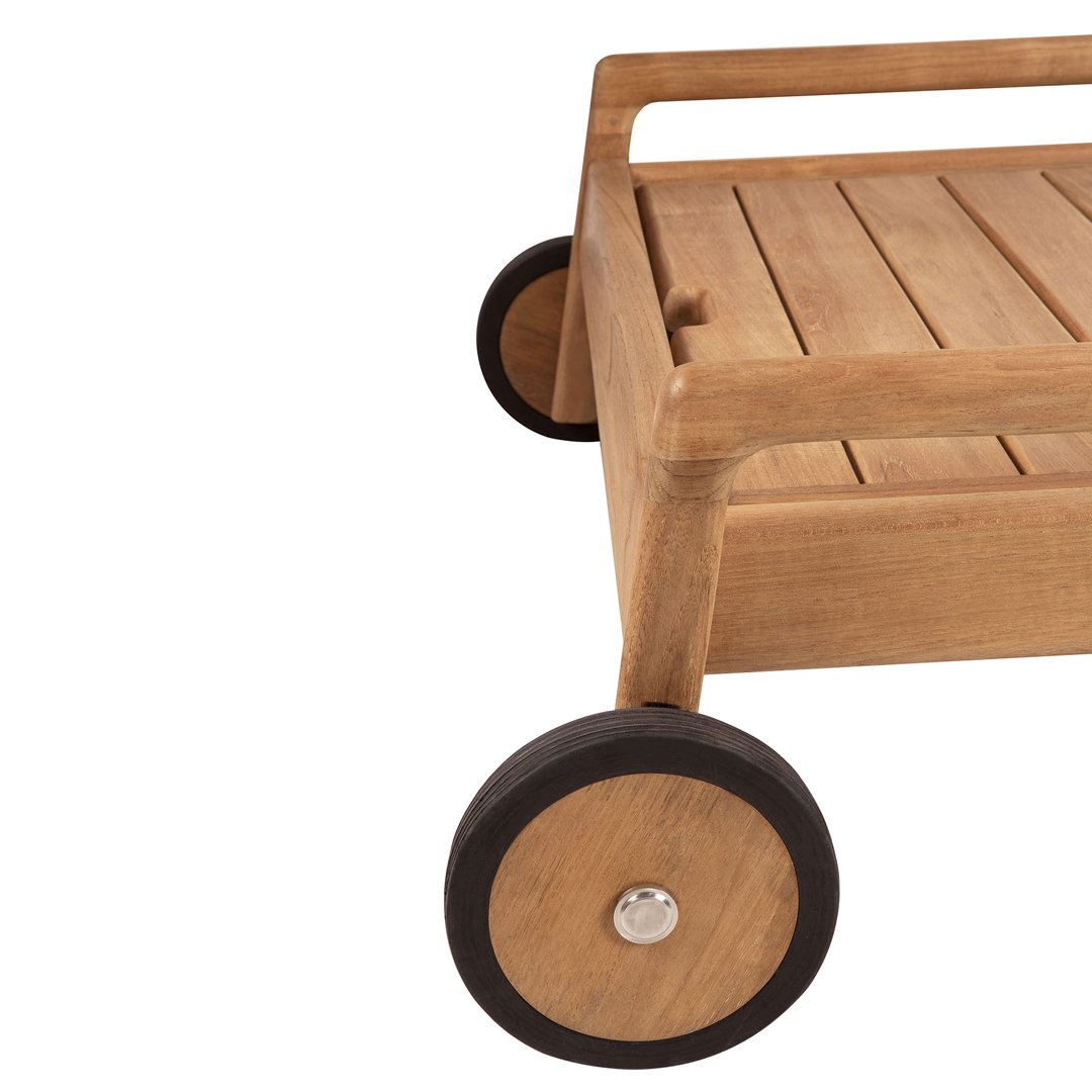 Wooden cart with a smooth natural finish and contrasting black wheels, featuring a slatted design.