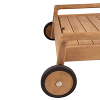 Wooden cart with a smooth natural finish and contrasting black wheels, featuring a slatted design.