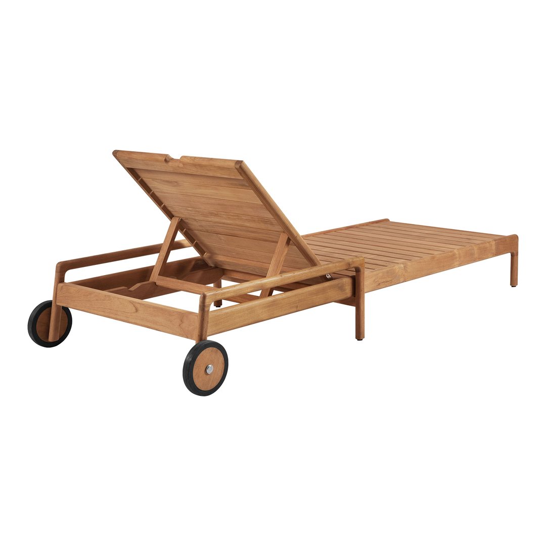 Natural wooden chaise lounge with a light brown finish and smooth slatted design. Features two wheels for easy mobility.
