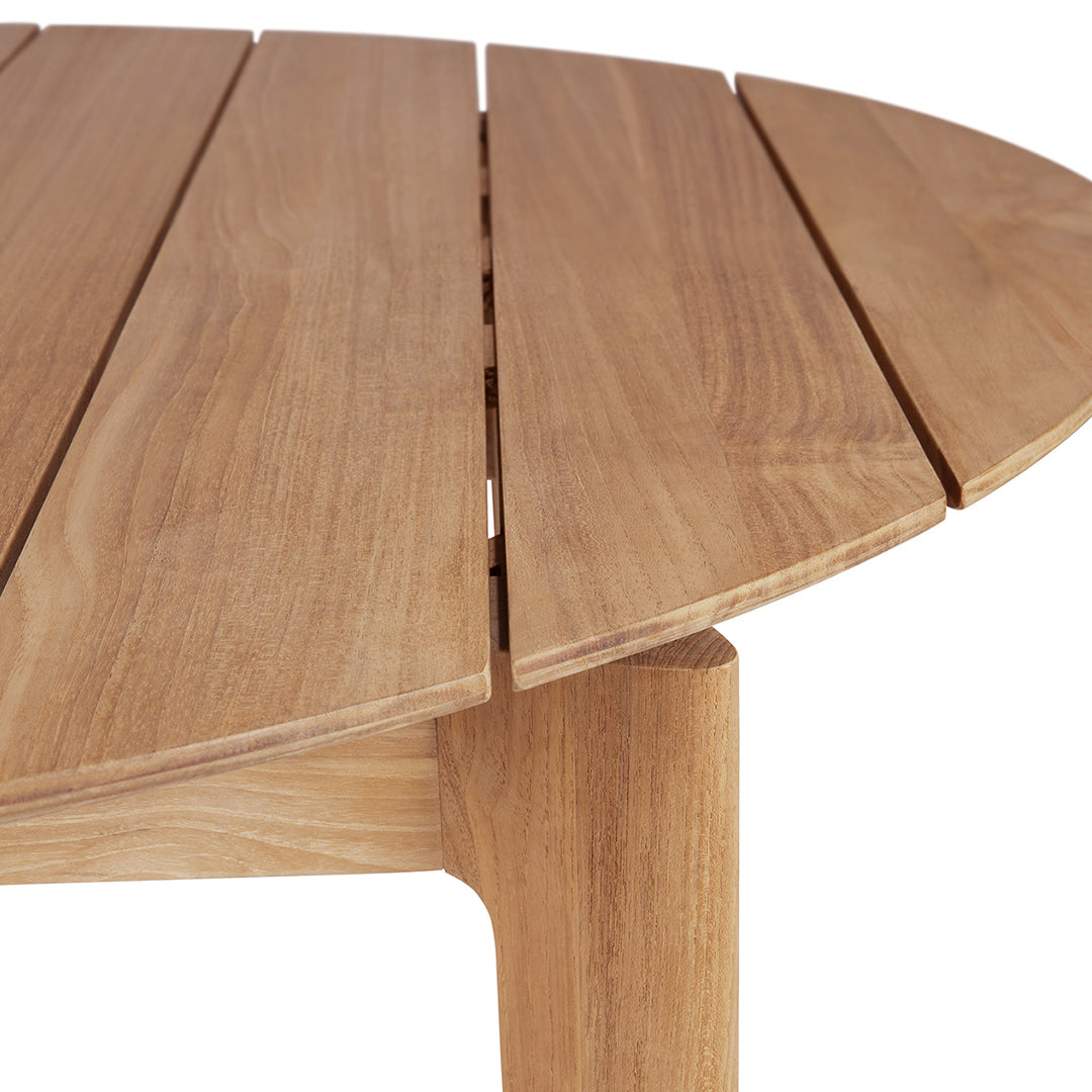 Natural wood tabletop featuring a warm, honey-toned finish with smooth, slatted design.