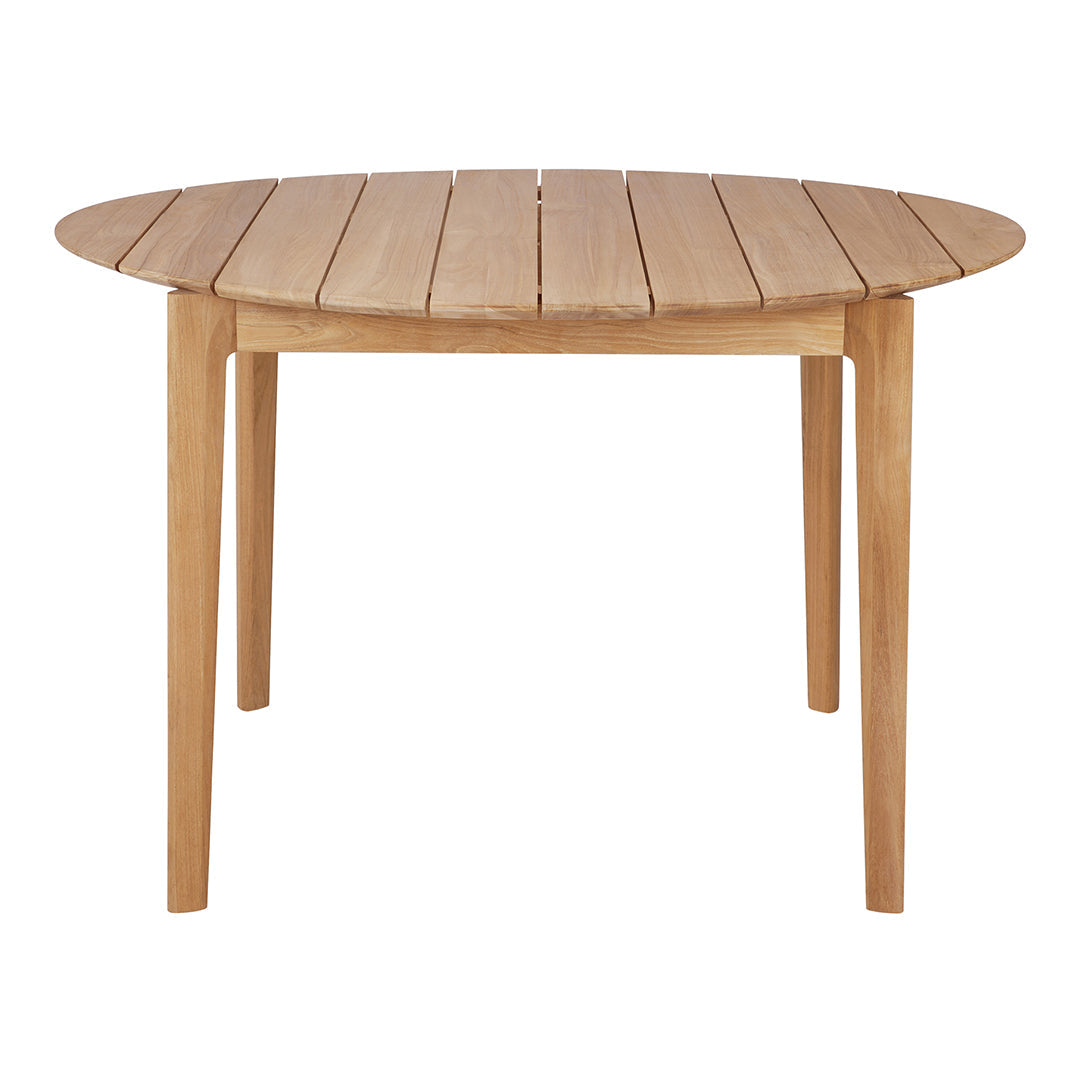 Natural wood round dining table with a light finish and slatted design, perfect for modern or rustic decor.