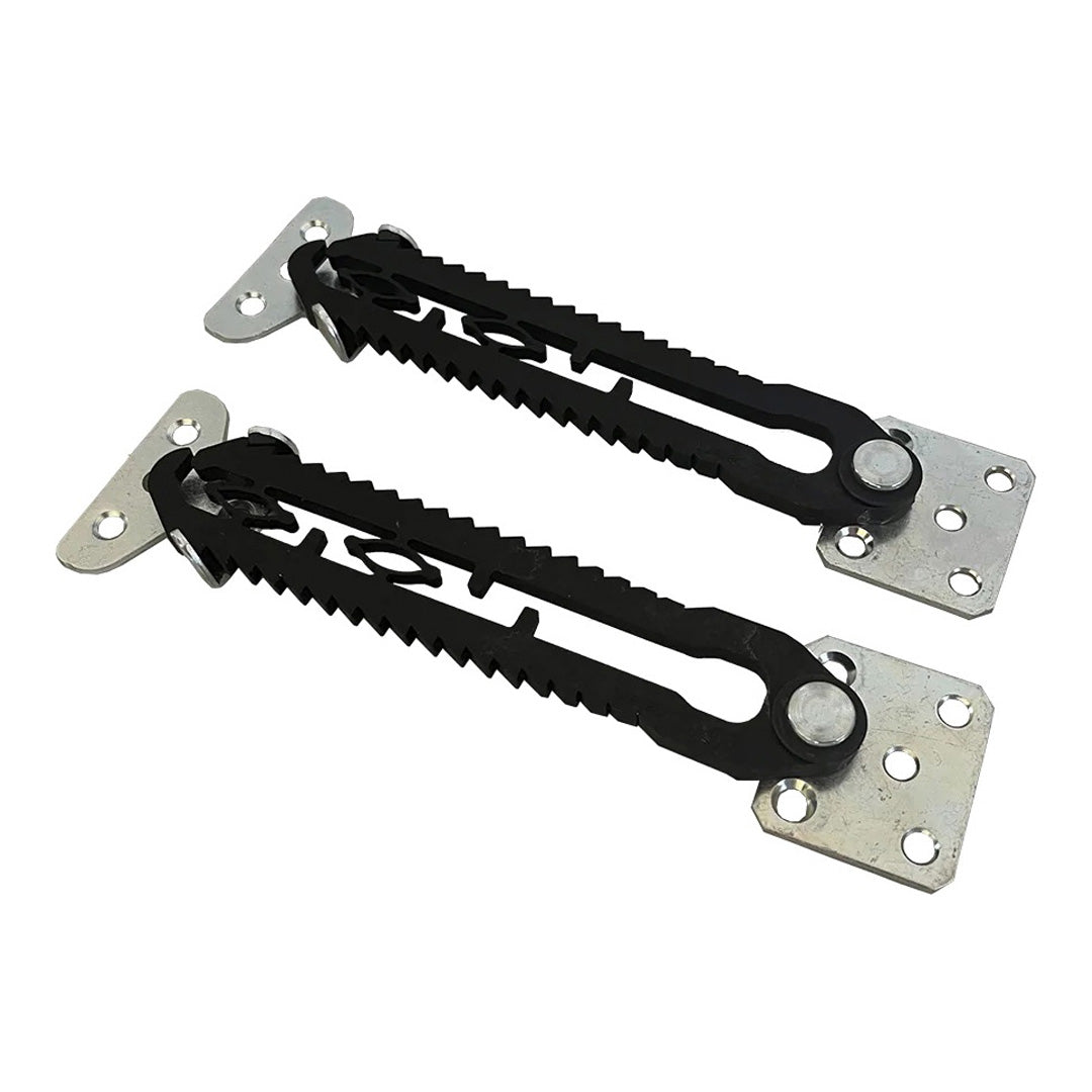 Black elastic straps with silver metal brackets, featuring a textured grip pattern for enhanced functionality.