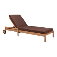 Brown chaise lounge with a sleek wooden frame and a minimalist design, perfect for outdoor relaxation.