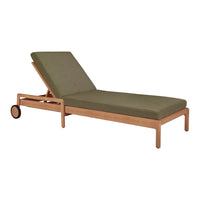 Olive green chaise lounge with a wooden frame and smooth, minimalist design, perfect for outdoor relaxation.
