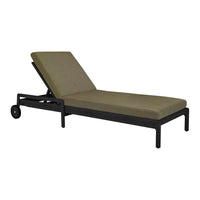 Olive green cushion chaise lounge with sleek black metal frame, modern design perfect for outdoor relaxation.