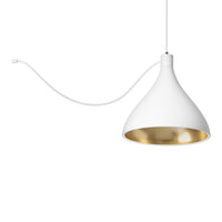 White pendant lamp with a sleek design and gold interior, accented by a white cord for modern decor.