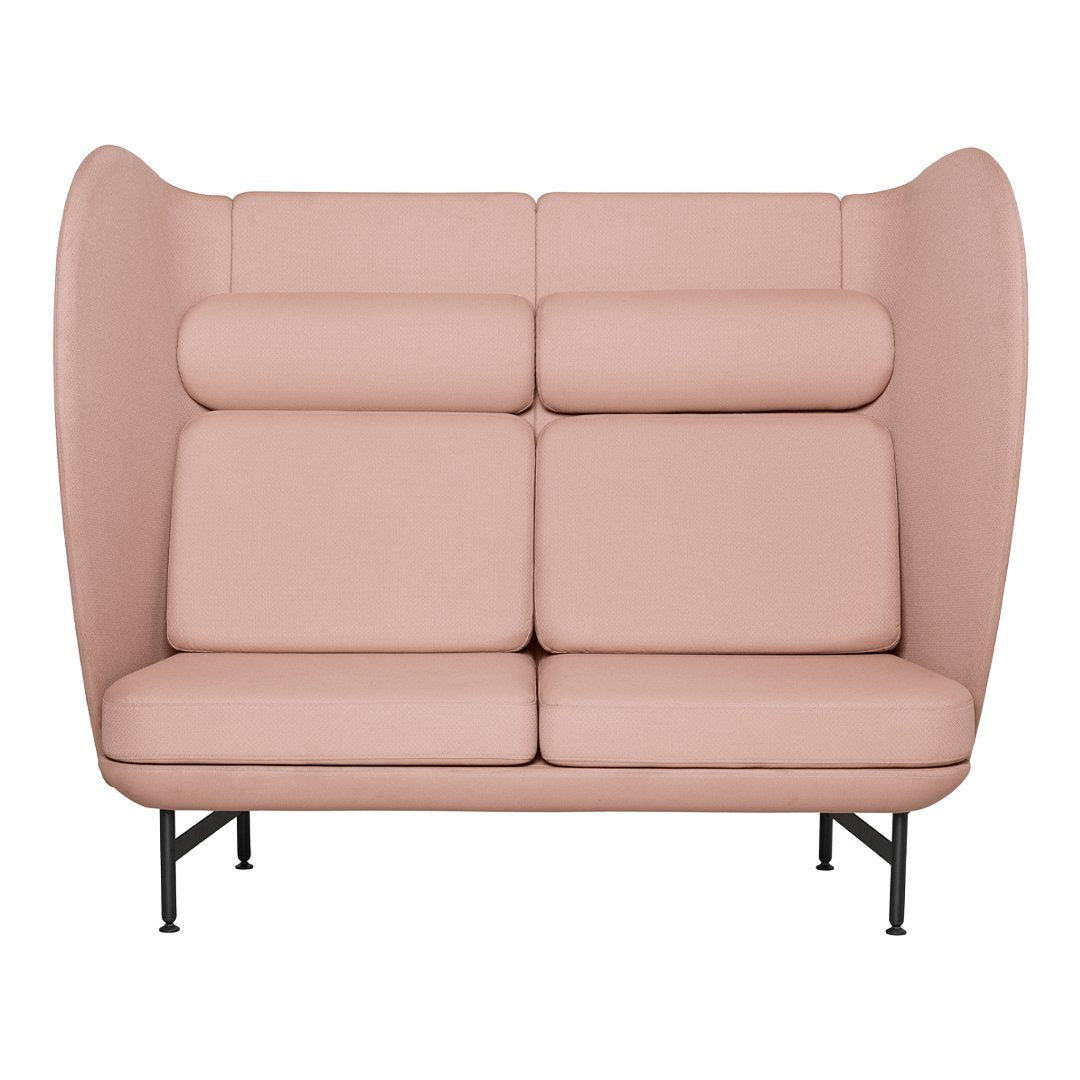 Light pink, smooth upholstery with a modern, minimalist design and bold curved backrest pattern.