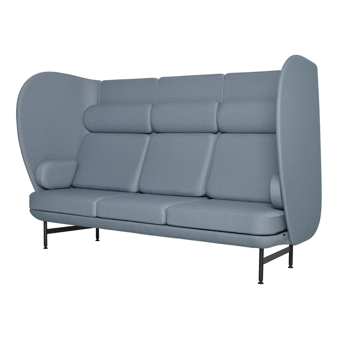 Light gray upholstered sofa with a smooth, minimalist design and curved side panels, creating a modern look.