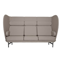 Modern beige high-back sofa with soft upholstery and sleek black metal legs, featuring a clean, minimalist design.