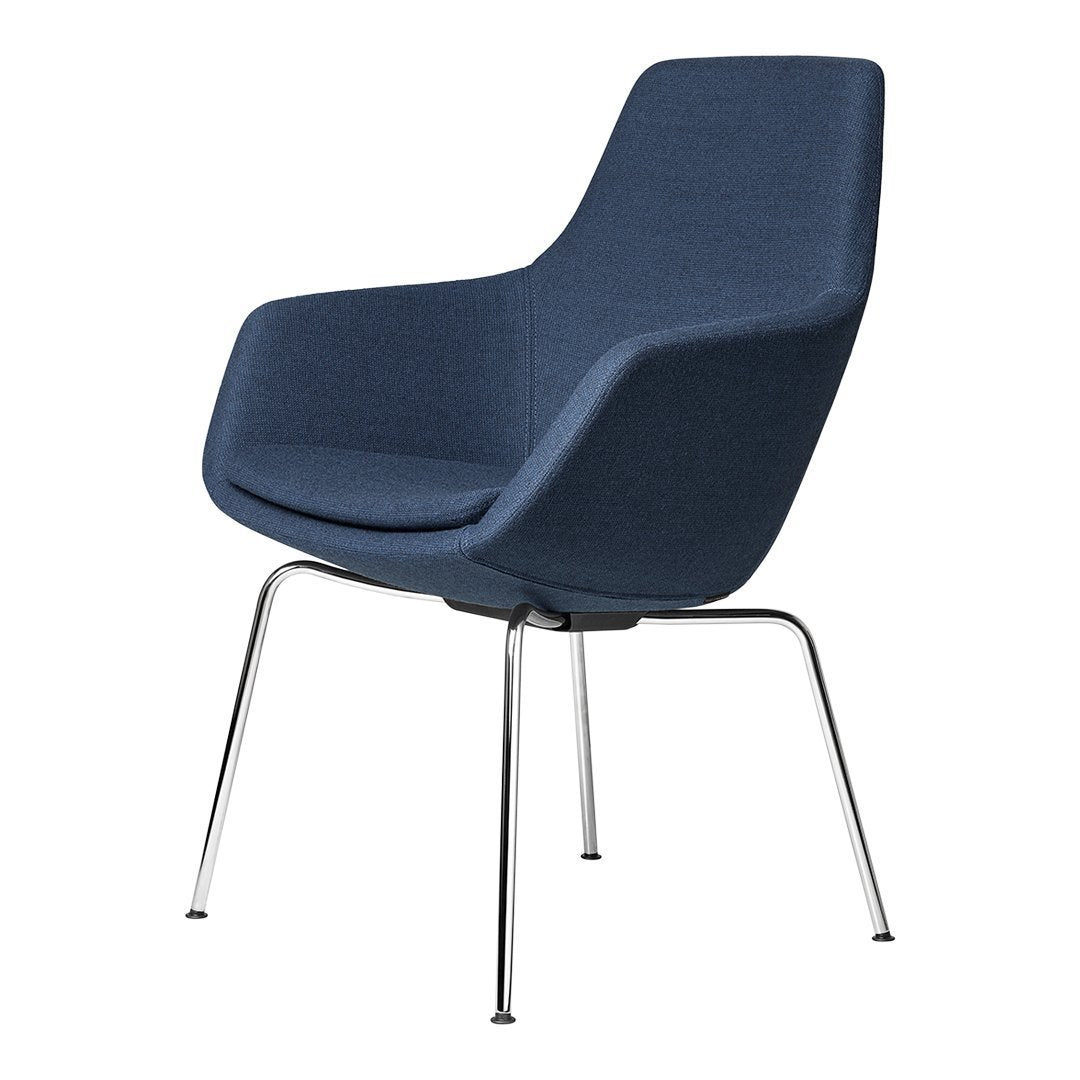 Navy blue upholstered chair with a smooth texture, featuring sleek chrome legs. Modern design with a minimalist style.