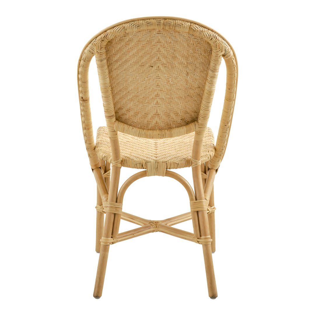 Natural rattan chair with a woven pattern, featuring warm beige tones and curved back design. Perfect for cozy spaces.