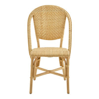 Natural rattan chair featuring a woven texture in light beige with a curved back and sturdy legs.