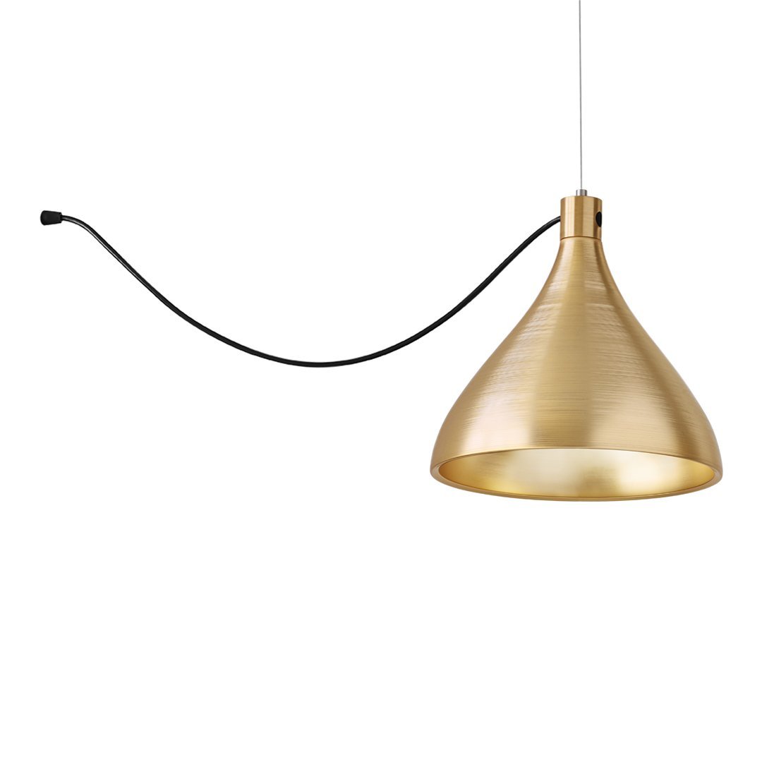 Gold pendant lamp with a sleek, metallic finish and a contrasting black pull cord. Perfect for modern decor.