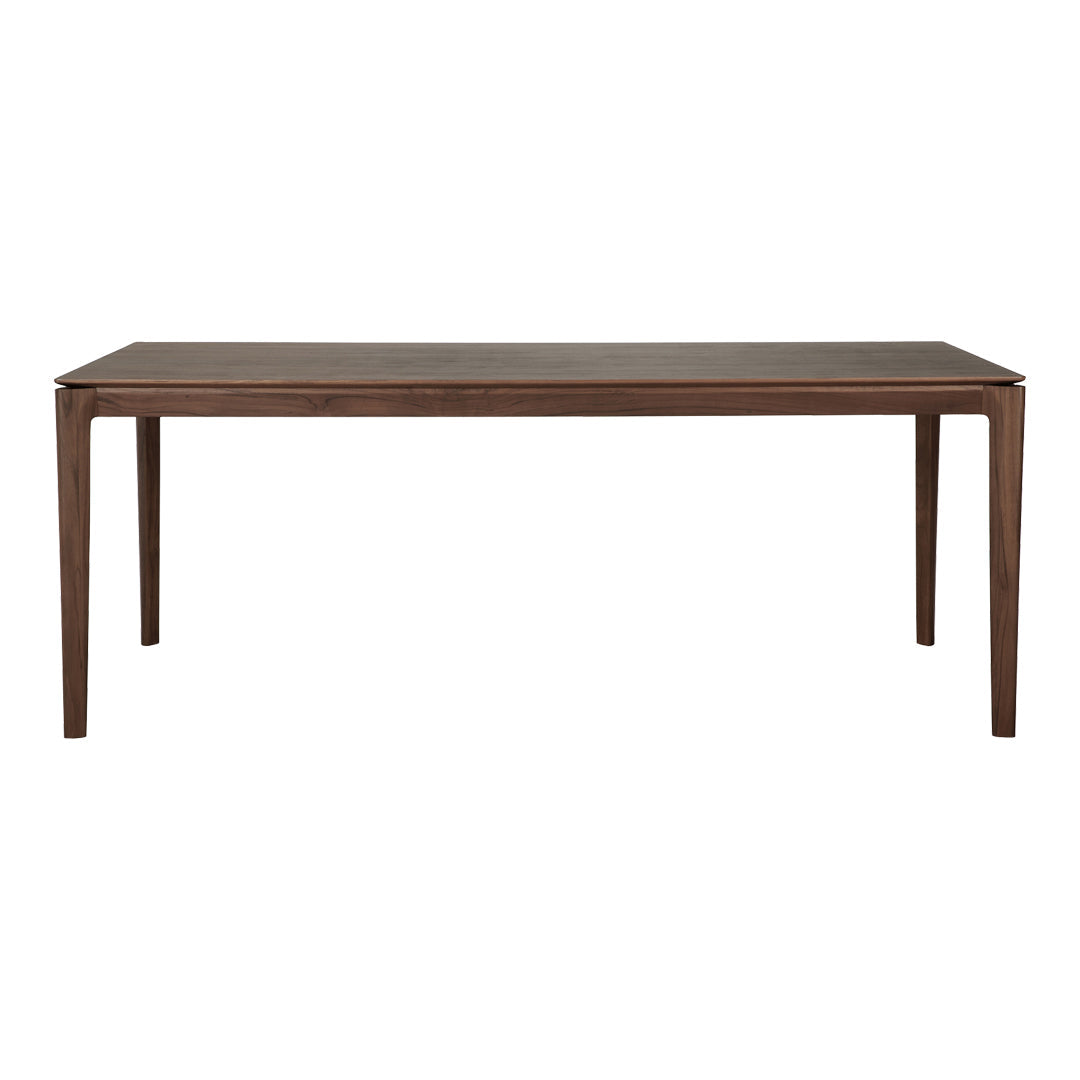Rectangular dining table with a smooth dark wood finish and sleek, minimalistic design.