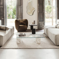Neutral-toned living room featuring a beige sofa, brown accent chair, and soft textured area rug in a modern design.