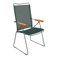 Green striped chair with wooden arms and a sleek metal frame, perfect for outdoor or indoor use.