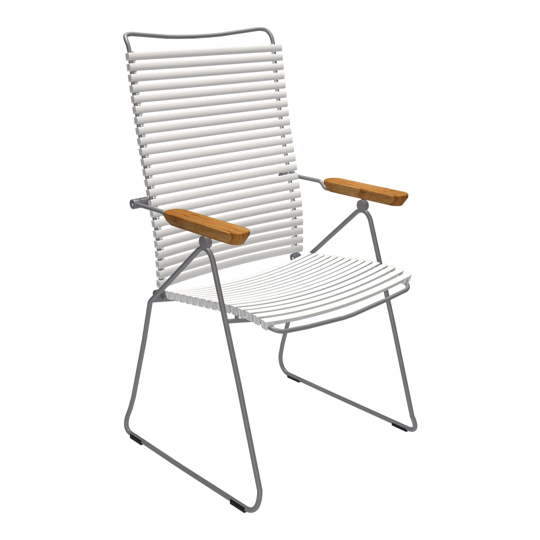 White striped chair with sleek gray metal frame and natural wood armrests. Modern, minimalist design for outdoor use.