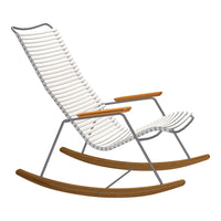 White and gray striped rocking chair with natural wood armrests. Sleek, modern design for stylish relaxation.