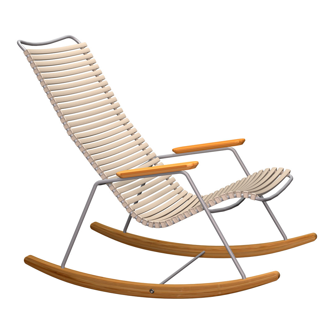 Beige and silver rocking chair with wooden armrests and a modern, slatted design for a contemporary look.