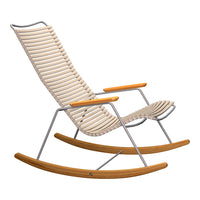 Beige and silver rocking chair with wooden armrests and a modern, slatted design for a contemporary look.