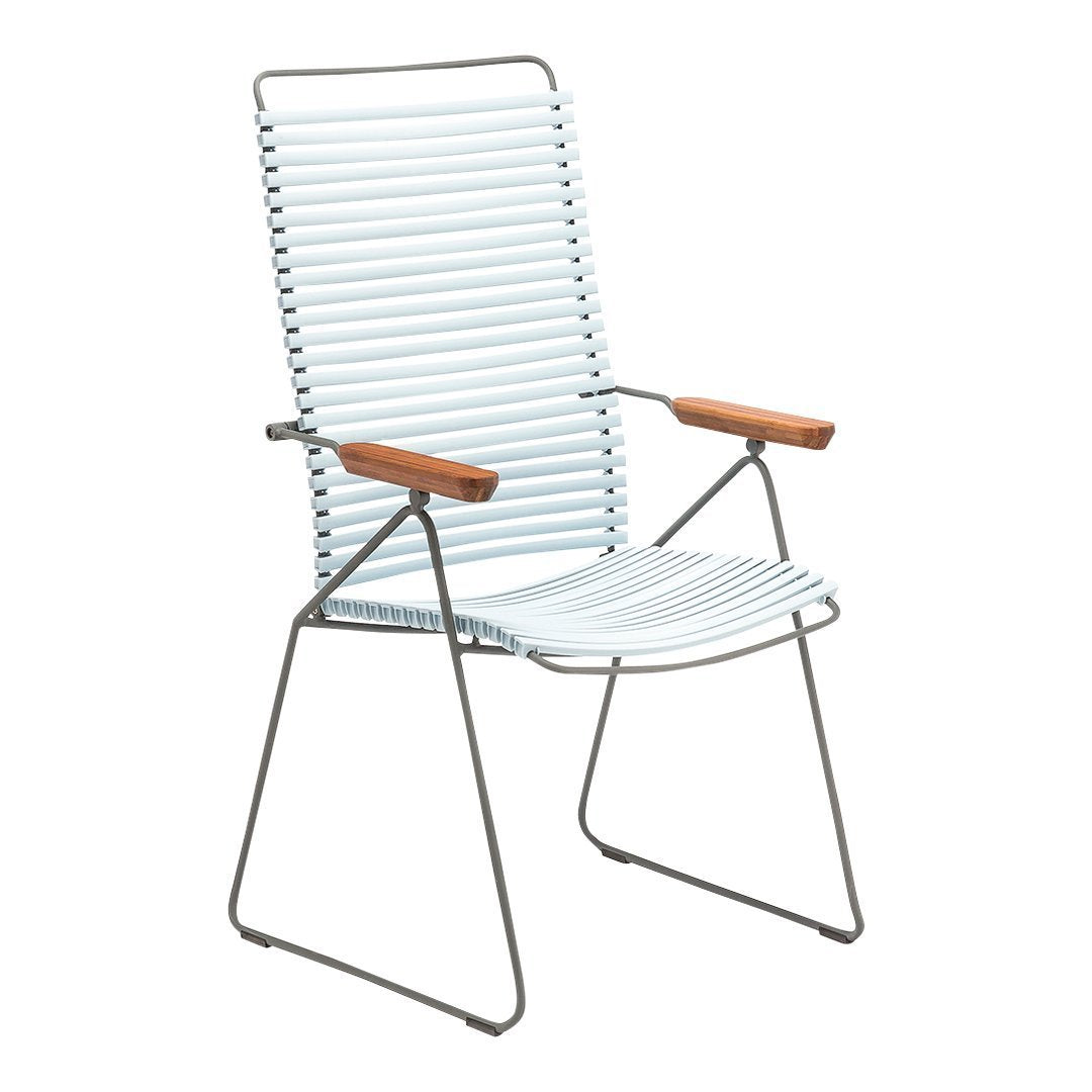 Light blue striped chair with natural wooden armrests, featuring a modern, minimalist design. Perfect for outdoor settings.