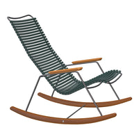 Green striped rocking chair with wooden armrests and curved wooden rockers, featuring a modern, minimalistic design.