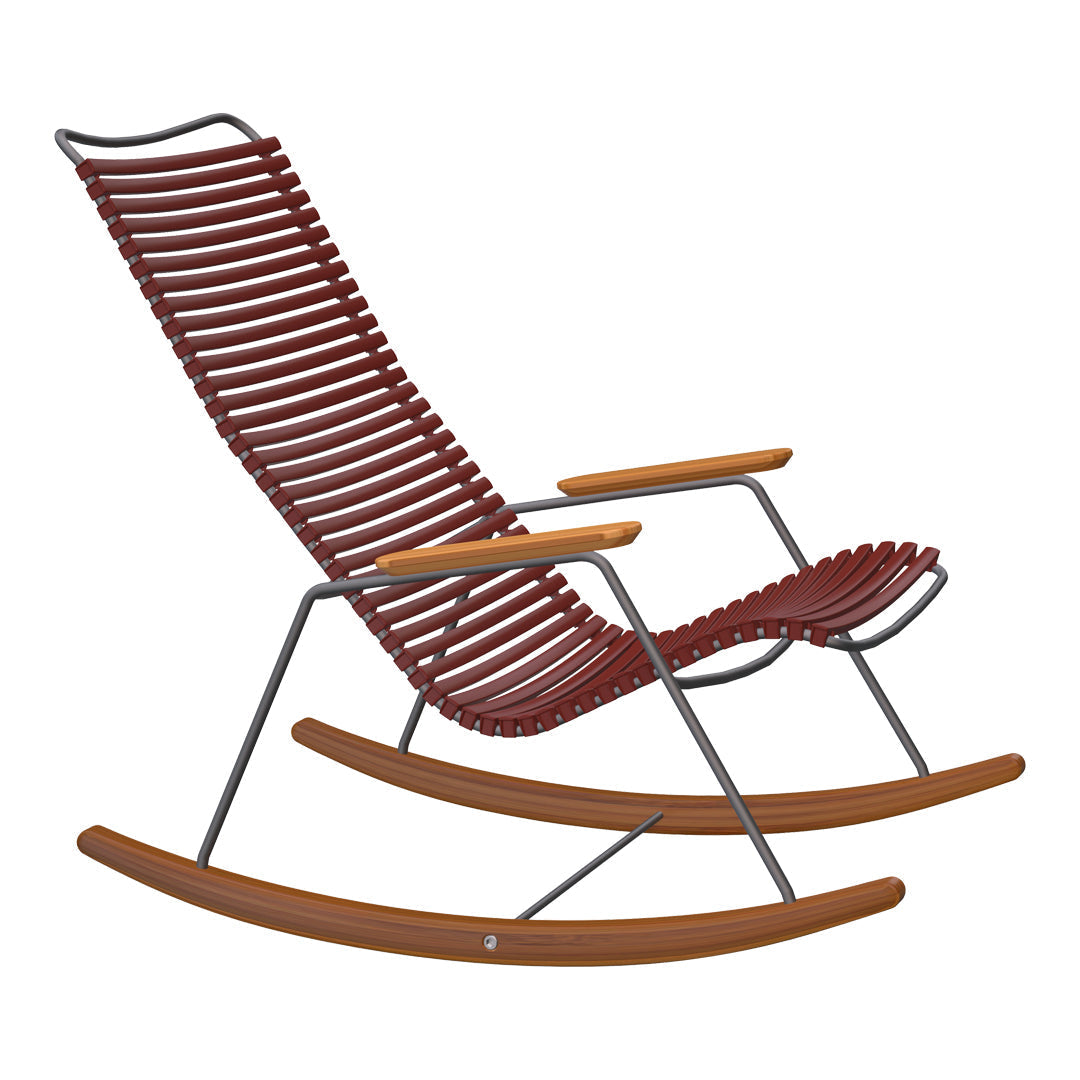 Rustic red slatted pattern rocking chair with smooth wooden arms and base, perfect for cozy relaxation.
