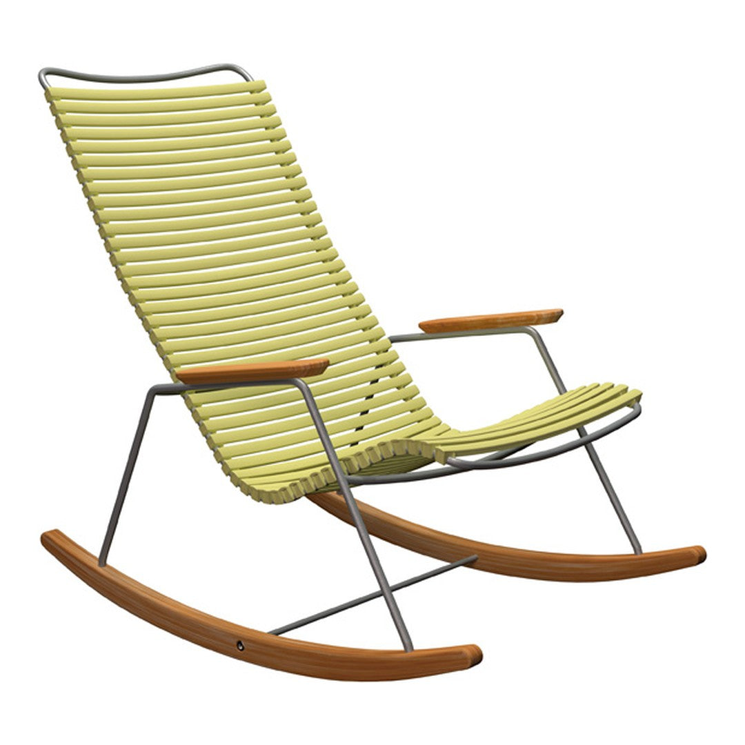 Lime green striped rocking chair with wooden arms and base, modern design for stylish indoor or outdoor decor.