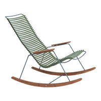 Green striped rocking chair with wooden armrests and curved wooden rockers, ideal for modern decor.
